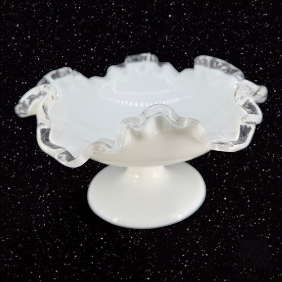 Fenton Silver Crest Footed Bowl Ruffle Edges Milk Glass Clear Edge Vintage VTG - Picture 7 of 10
